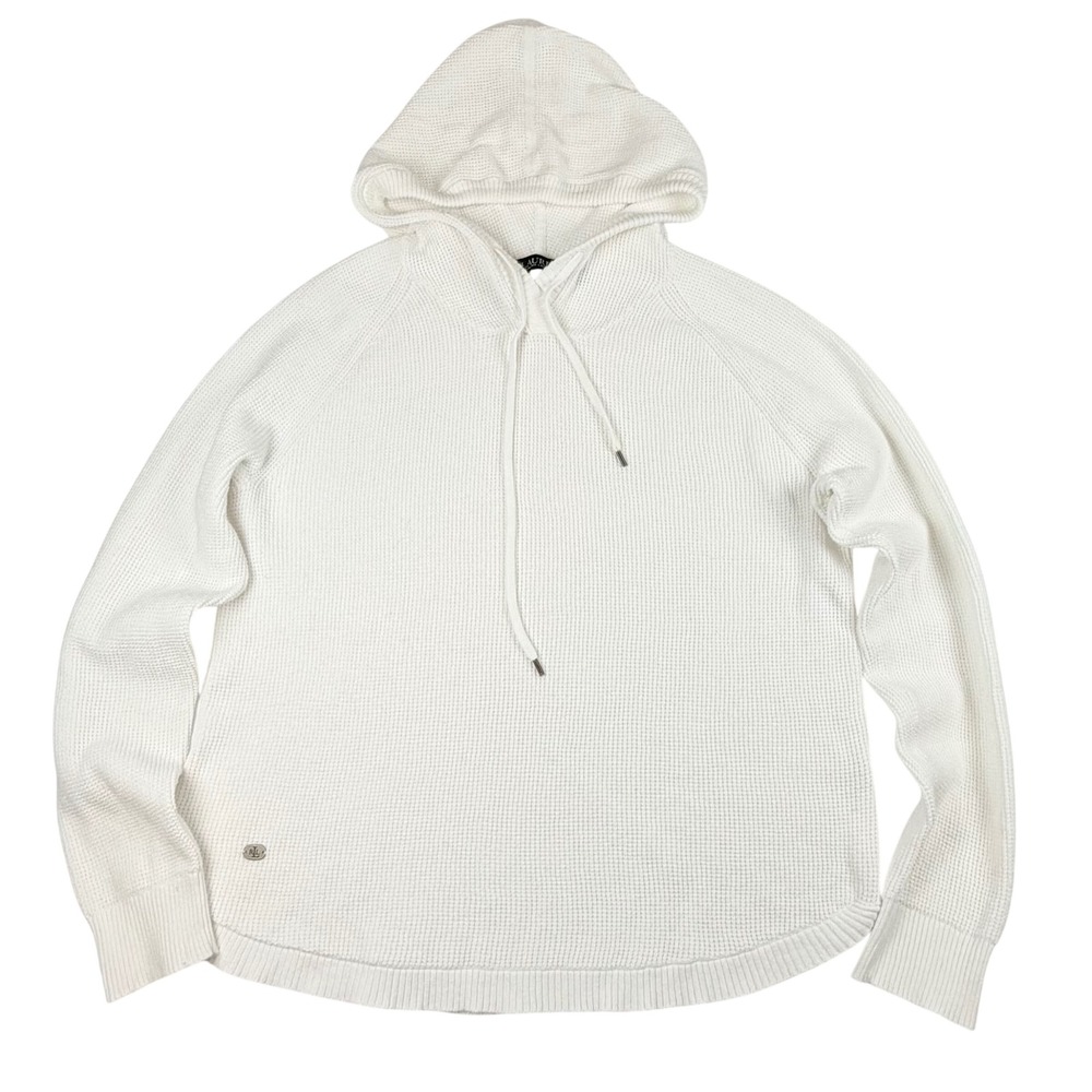 Lauren Ralph Lauren White Waffle Knit Hoodie Sweater Womens Large LRL Raglan